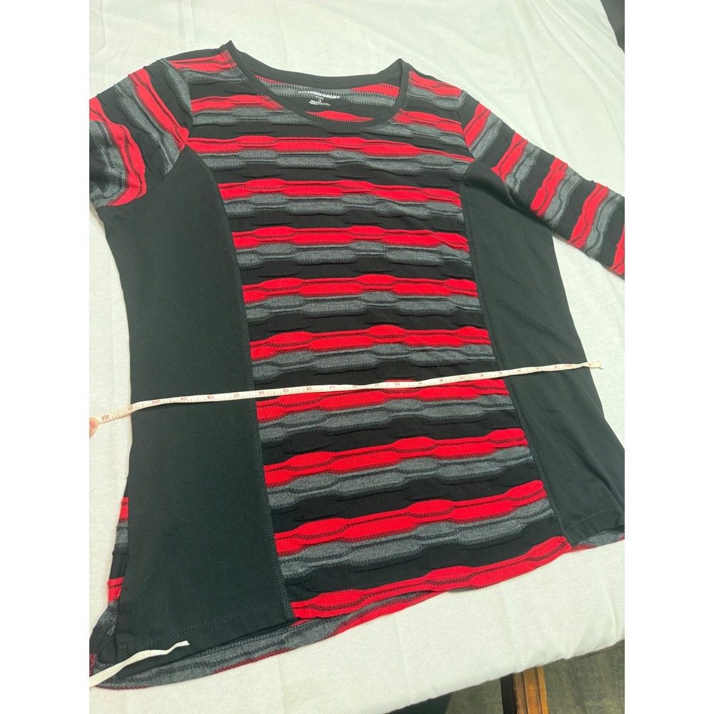 Allison Daley Plus Red Black Textured Stripe 3/4 Sleeve Top 1X Slimming Panels - Picture 3 of 6